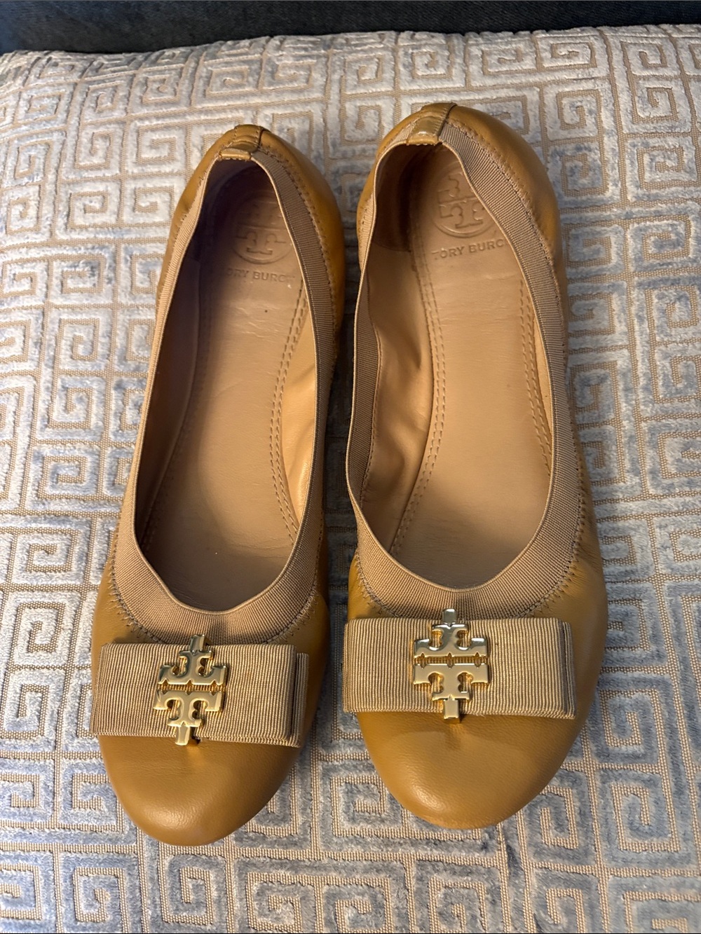 Tory Burch Camel Leather Logo Bow Flats